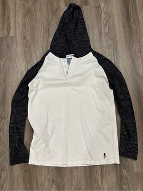 Men's Two-Tone Hooded Henley Long-Sleeve Shirt - White with Black Sleeves